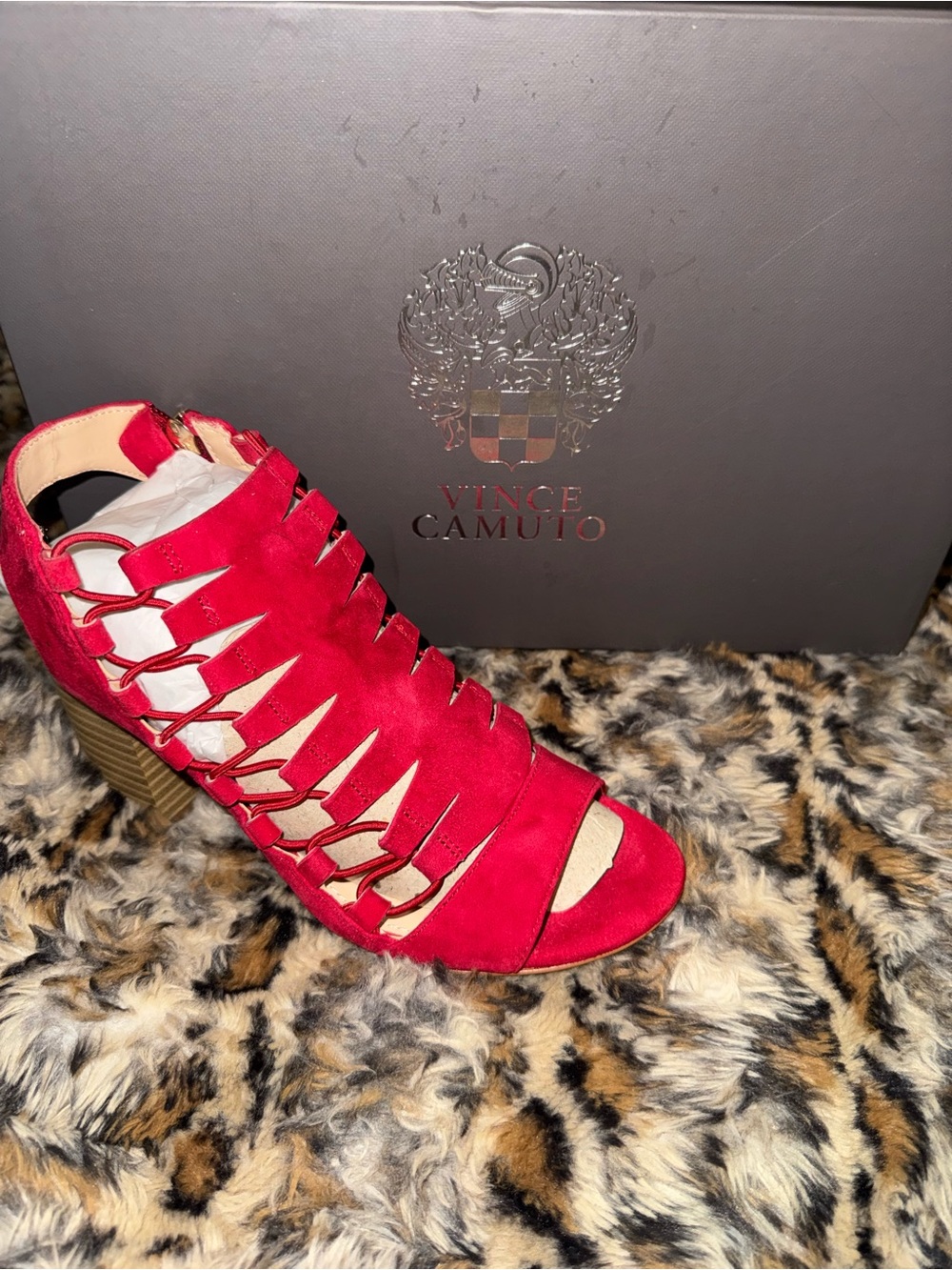 Vince Camuto Bright Red Suede Cutout Lace-Up Block Heel Sandals